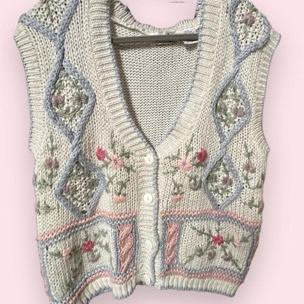Vintage 90s By Design knit sweater cardigan vest w floral embroidery & argyle